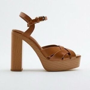Zara Leather Platform retro chunky Strappy Wooden Heeled Sandals Size 38